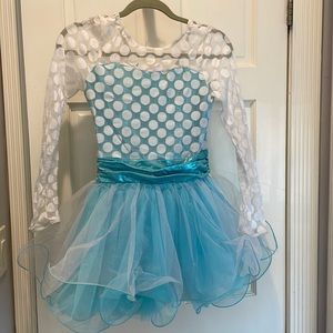 White and blue polka dot long sleeve dance costume